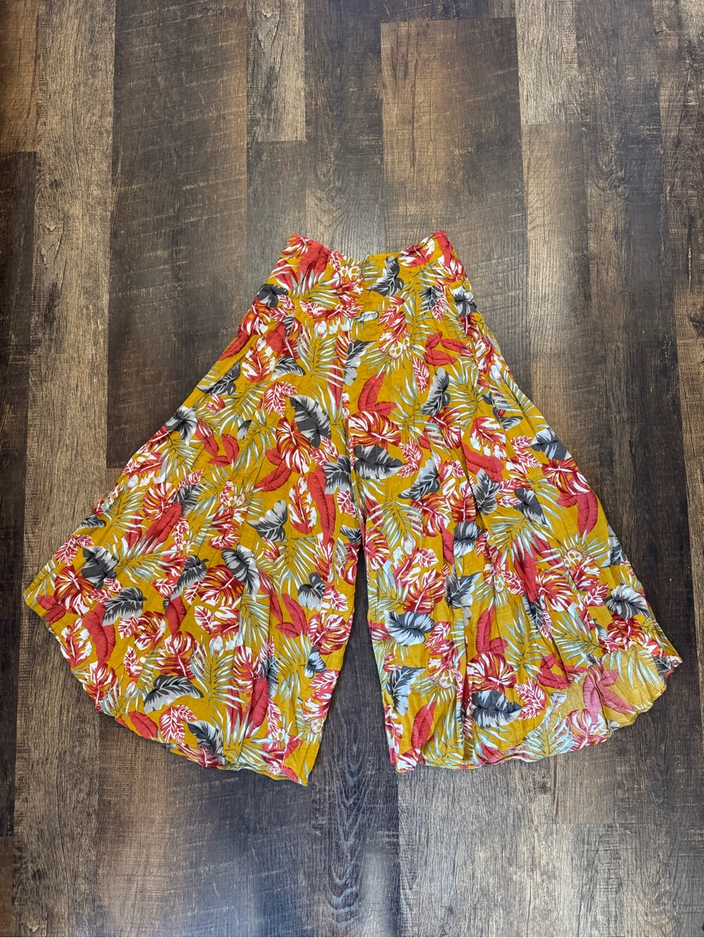 Easel mustard colored tropical printed wide leg cropped linen pants